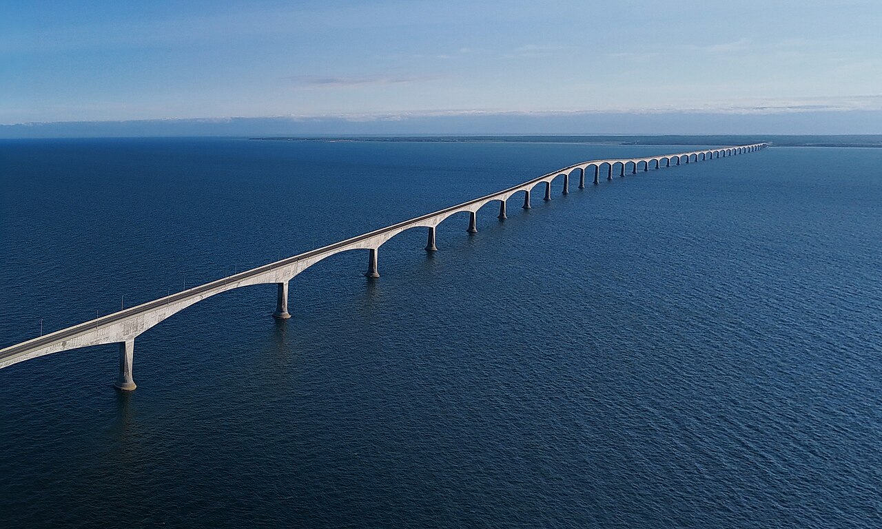 Aerial view of the Confederation Bridge from the Prince Edward Island side